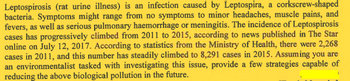 Leptospirosis (rat urine illness) is an infection caused by Leptospira, a corkscrew-shaped
bacteria. Symptoms might range from no symptoms to minor headaches, muscle pains, and
fevers, as well as serious pulmonary haemorrhage or meningitis. The incidence of Leptospirosis
cases has progressively climbed from 2011 to 2015, according to news published in The Star
online on July 12, 2017. According to statistics from the Ministry of Health, there were 2,268
cases in 2011, and this number has steadily climbed to 8,291 cases in 2015. Assuming you are
an environmentalist tasked with investigating this issue, provide a few strategies capable of
reducing the above biological pollution in the future.