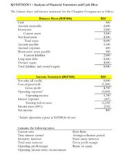 QUESTION 1- Analysis of Financial Statement and Cash Flow
The balance sheet and income statement for the Changlun Company are as folow:
Balance Sheet (RM'000)
RM
Cash
500
Account receivable
2,000
1,000
Inventories
Current assets
Net fixed assets
3,500
4,500
Total assets
Account payable
Accrued expenses
Shorts-term notes payable
Current liabilities
8,000
1,100
600
300
Long-term debt
Owners' equity
Total liabilities and owner's equity
2,000
2,000
4,000
8,000
Income Statement (RM'000)
RM
Net sales (all credit)
Cost of good sold
Gross profit
Operating espenses
Operating income
Interest expenses
Earning before taxes
Income taxes (40%)
8,000
(3,300)
4,700
(3,000)
1,700
(367)
(1,333)
(533)
800
Net income
' Indludes depraciation expene of RM500 for the year
Calculate the following ratios:
Current ratio
Debt Ratio
Time interest earned
Inventory turnover
Total asset turnover
Average collection period
Fixed assets turnover
Gross profit margin
Retun on equity
Operating profit margin
Operating income retun on investment
