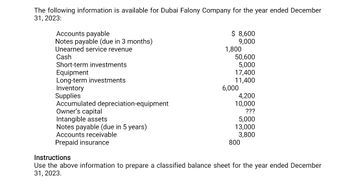 The following information is available for Dubai Falony Company for the year ended December
31, 2023:
Accounts payable
Notes payable (due in 3 months)
Unearned service revenue
Cash
$ 8,600
9,000
1,800
50,600
Short-term investments
5,000
Equipment
17,400
Long-term investments
11,400
Inventory
6,000
Supplies
4,200
Accumulated depreciation-equipment
10,000
Owner's capital
???
Notes payable (due in 5 years)
Intangible assets
Accounts receivable
Prepaid insurance
Instructions
Use the above information to prepare a classified balance sheet for the year ended December
31, 2023.
5,000
13,000
3,800
800