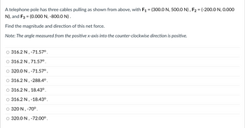 A telephone pole has three cables pulling as shown from above, with F₁ = (300.0 N, 500.0 N), F2 = (-200.0 N, 0.000
N), and F3 = (0.000 N, -800.0 N).
Find the magnitude and direction of this net force.
Note: The angle measured from the positive x-axis into the counter-clockwise direction is positive.
316.2 N, -71.57⁰.
316.2 N, 71.57⁰.
320.0 N, -71.57⁰.
316.2 N, -288.4⁰.
316.2 N, 18.43⁰.
316.2 N, -18.43⁰.
320 N, -
O 320.0 N, -72.00⁰.
-70⁰.