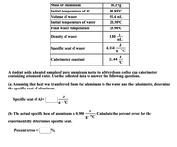 Mass of aluminum
16.27 g
Initial temperature of Al
83.85°C
Volume of water
52.4 mL
Initial temperature of water
20.30°C
Final water temperature
23.90°C
Density of water
g
1.00
mL
J
4.184
Specific heat of water
g• °C
J
22.44
°C
Calorimeter constant
A student adds a heated sample of pure aluminum metal to a Styrofoam coffee cup calorimeter
containing deionized water. Use the collected data to answer the following questions.
(a) Assuming that heat was transferred from the aluminum to the water and the calorimeter, determine
the specific heat of aluminum.
J
Specific heat of Al =
g
• °C
J
Calculate the percent error for the
°C
(b) The actual specific heat of aluminum is 0.900
experimentally determined specific heat.
Percent error =
