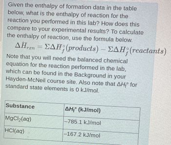 Given the enthalpy of formation data in the table
below, what is the enthalpy of reaction for the
reaction you performed in this lab? How does this
compare to your experimental results? To calculate
the enthalpy of reaction, use the formula below.
AHran=EAH; (products) - EAH; (reactants)
ΔΗ,
Note that you will need the balanced chemical
equation for the reaction performed in the lab,
which can be found in the Background in your
Hayden-McNeil course site. Also note that AHⓇ for
standard state elements is 0 kJ/mol.
Substance
AH₁ (kJ/mol)
MgCl₂(aq)
-785.1 kJ/mol
HCl(aq)
-167.2 kJ/mol