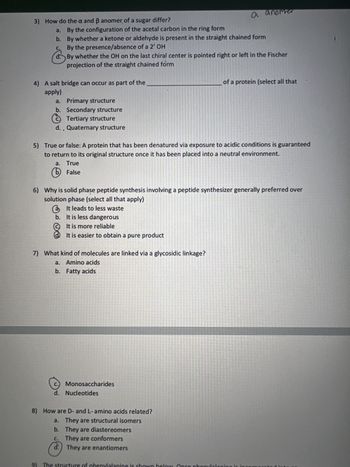 3) How do the a and ẞ anomer of a sugar differ?
a anorve
a.
By the configuration of the acetal carbon in the ring form
b.
c.
By whether a ketone or aldehyde is present in the straight chained form
By the presence/absence of a 2' OH
d. By whether the OH on the last chiral center is pointed right or left in the Fischer
projection of the straight chained form
4) A salt bridge can occur as part of the
apply)
a. Primary structure
b. Secondary structure
Tertiary structure
d. . Quaternary structure
of a protein (select all that
5) True or false: A protein that has been denatured via exposure to acidic conditions is guaranteed
to return to its original structure once it has been placed into a neutral environment.
a. True
b False
6) Why is solid phase peptide synthesis involving a peptide synthesizer generally preferred over
solution phase (select all that apply)
It leads to less waste
b. It is less dangerous
It is more reliable
It is easier to obtain a pure product
7) What kind of molecules are linked via a glycosidic linkage?
a. Amino acids
b. Fatty acids
C.
Monosaccharides
d. Nucleotides
8) How are D- and L-amino acids related?
a. They are structural isomers
b. They are diastereomers
c.
C.
They are conformers
d.
They are enantiomers
91
of