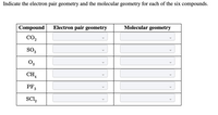 Indicate the electron pair geometry and the molecular geometry for each of the six compounds.
Molecular geometry
Electron pair geometry
Compound
CO2
SO3
O3
CHA
PF3
SC,
