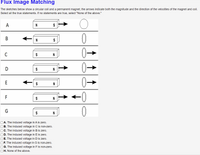 Flux Image Matching
The sketches below show a circular coil and a permanent magnet; the arrows indicate both the magnitude and the direction of the velocities of the magnet and coil.
Select all the true statements. If no statements are true, select "None of the above."
A
S
В
C
D
S
E
N
0
F
N
G
O A. The induced voltage in A is zero.
OB. The induced voltage in C is non-zero.
OC. The induced voltage in B is zero.
OD. The induced voltage in E is zero.
O E. The induced voltage in D is zero.
OF. The induced voltage in G is non-zero.
O G. The induced voltage in F is non-zero.
O H. None of the above.
