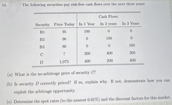 14.
The following securities pay risk-free cash flows over the next three years:
Cash Flows
Security Price Today In 1 Year
In 2 years
In 3 Years
B1
95
100
0
0
B2
B3
80
80
90
0
100
0
0
0
100
C
?
200
400
300
D
1,075
400
200
600
(a) What is the no-arbitrage price of security C?
(b) Is security D correctly priced? If so, explain why. If not, demonstrate how you can
exploit the arbitrage opportunity.
(c) Determine the spot rates (to the nearest 0.01%) and the discount factors for this market.