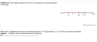 Problem 10: Point charges located at 3, 8, and 11 cm along the x-axis are represented
in the figure.
x (cm)
10
+q
5
+9
-29
©theexpertta.com
What is the x-component of the force on the charge located at x = 8 cm given that q = 1.2 µC? Give your answer in newtons.
Numeric :A numeric value is expected and not an expression.
Fx =
