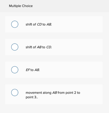 Multiple Choice
Oshi
shift of CD to AB.
Oshi
shift of AB to CD.
O EF to AB.
O movement along AB from point 2 to
point 3..