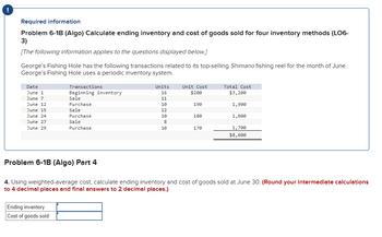 Required information
Problem 6-1B (Algo) Calculate ending inventory and cost of goods sold for four inventory methods (LO6-
3)
[The following information applies to the questions displayed below.]
George's Fishing Hole has the following transactions related to its top-selling Shimano fishing reel for the month of June.
George's Fishing Hole uses a periodic inventory system.
Transactions
Beginning inventory
Purchase
Date
June 1
June 7
Sale
June 12
June 15
Sale
June 24
Purchase
June 27
Sale
June 29
Purchase
Units
16
Unit Cost
Total Cost
$200
$3,200
11
10
190
1,900
12
10
180
1,800
8
10
170
1,700
$8,600
Problem 6-1B (Algo) Part 4
4. Using weighted-average cost, calculate ending inventory and cost of goods sold at June 30. (Round your intermediate calculations
to 4 decimal places and final answers to 2 decimal places.)
Ending inventory
Cost of goods sold