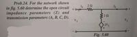 Prob.24. For the network shown
I1
22
I2
in fig. 5.60 determine the open circuit
impedance parameters (Z) and
transmission parameters (A, B, C, D).
22
V1
V2
2V1
Fig. 5.60
