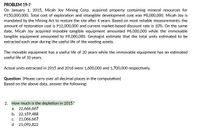 PROBLEM 19-7
On January 1, 2015, Micah Joy Mining Corp. acquired property containing mineral resources for
P150,000,000. Total cost of exploration and intangible development cost was P8,000,000. Micah Joy is
mandated by the Mining Act to restore the site after 4 years. Based on most reliable measurements, the
amount of restoration cost is P12,000,000 and current market-based discount rate is 10%. On the same
date, Micah Joy acquired movable tangible equipment amounted P6,000,000 while the immovable
tangible equipment amounted to P9,000,000. Geologist estimate that the total units estimated to be
extracted each year during the useful life of the wasting assets.
The movable equipment has a useful life of 20 years while the immovable equipment has an estimated
useful life of 10 years.
Actual units extracted in 2015 and 2016 were 1,600,000 and 1,700,000 respectively.
Question: (Please carry over all decimal places in the computation)
Based on the above data, answer the following:
2. How much is the depletion in 2015?
a. 22,666,667
b. 22,159,488
c. 21,066,667
d 21,092,822
