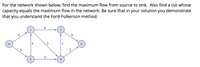 For the network shown, we need to find the maximum flow from the source (s₀) to the sink (sᵢ). Additionally, identify a cut whose capacity equals the maximum flow in this network. Ensure that the Ford-Fulkerson method is demonstrated correctly in your solution.

### Network Details:

- **Vertices:** The network consists of five nodes: s₀ (source), 1, 2, 3, 4, and sᵢ (sink).
- **Edges and Capacities:**

  - From s₀ to 1: Capacity = 4
  - From s₀ to 2: Capacity = 6
  - From 1 to 3: Capacity = 6
  - From 1 to 2: Capacity = 4
  - From 2 to 4: Capacity = 2
  - From 3 to sᵢ: Capacity = 6
  - From 4 to sᵢ: Capacity = 2
  - From 1 to 4: Capacity = 2
  - From 3 to 4: Capacity = 1

### Graph Explanation:

The graph is a directed network flow graph with vertices and directional edges representing pathways from the source to the sink. The numbers on each edge denote the maximum capacity for flow along that edge. To solve the problem, one must employ the Ford-Fulkerson method to systematically find augmenting paths and determine the maximum flow and minimum cut.