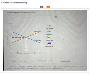 1. Please answer the following:
The following graph shows a competitive labor market.
WAGE RATE (Dollars per hour)
9
8
Labor Supply
Labor Demand
"
12
10
QUANTITY OF LABOR (Bilions of hours)
20
3
c
Labor Demand
10
Labor Supply
Economic Rent
Opportunity Cost
Based on the graph, the total amount paid to workers in this market (that is, total labor earnings) is
4
on the graph, use the green triangle (triangle symbols) to shade the portion of labor earnings that consists of economic rent. Then, use the purple
quadrilateral (diamond symbols) to shade the portion of labor earnings that consists of opportunity cost.