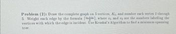 Problem (2): Draw the complete graph on 5 vertices, Ks, and number each vertex 1 through
5. Weight each edge by the formula [1], where ₁ and 2 are the numbers labelling the
vertices with which the edge is incident. Use Kruskal's Algorithm to find a minimum spanning
tree.