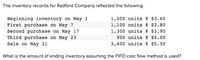 The inventory records for Radford Company reflected the following
1,000 units @ $3.60
1,100 units @ $3.80
Beginning inventory on May 1
First purchase on May 7
Second purchase on May 17
Third purchase on May 23
1,300 units @ $3.90
900 units @ $4.00
Sale on May 31
3,400 units @ $5.50
What is the amount of ending inventory assuming the FIFO cost flow method is used?
