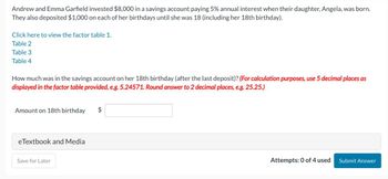 Andrew and Emma Garfield invested $8,000 in a savings account paying 5% annual interest when their daughter, Angela, was born.
They also deposited $1,000 on each of her birthdays until she was 18 (including her 18th birthday).
Click here to view the factor table 1.
Table 2
Table 3
Table 4
How much was in the savings account on her 18th birthday (after the last deposit)? (For calculation purposes, use 5 decimal places as
displayed in the factor table provided, e.g. 5.24571. Round answer to 2 decimal places, e.g. 25.25.)
Amount on 18th birthday
$
eTextbook and Media
Save for Later
Attempts: 0 of 4 used Submit Answer