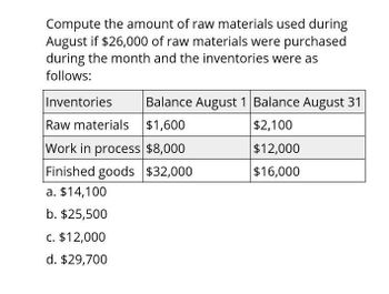 Compute the amount of raw materials used during
August if $26,000 of raw materials were purchased
during the month and the inventories were as
follows:
Inventories
Balance August 1 Balance August 31
Raw materials $1,600
$2,100
Work in process $8,000
$12,000
Finished goods $32,000
$16,000
a. $14,100
b. $25,500
c. $12,000
d. $29,700