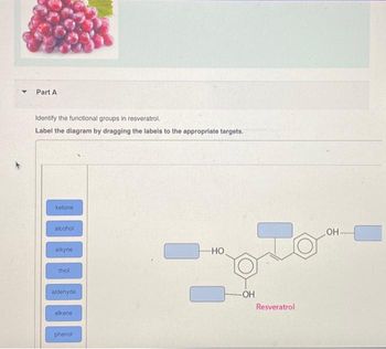 Part A
Identify the functional groups in resveratrol.
Label the diagram by dragging the labels to the appropriate targets.
ketone
alcohol
alkyne
thiol
aldehyde
alkene
phenol
-HO
-OH
Resveratrol
OH-