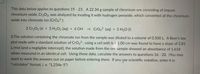 This data below applies to questions 19 23. A 22.34 g sample of chromium ore consisting of impure
chromium oxide, Cr203, was analyzed by treating it with hydrogen peroxide, which converted all the chromium
oxide into chromate ion (CrO42-):
2 Cr203 (s) + 3 H2O2 (aq) + 4 OH → CrO42- (aq)
+ 5 H20 (I)
O.The solution containing the chromate ion from the sample was diluted to a volume of 0.500 L. A Beer's law
plot made with a standard solution of CrO,2", using a cell with b = 1.00 cm was found to have a slope of 2.81
L/mol (and a negligible intercept); the solution made from the ore sample showed an absorbance of 1.618
when measured in an identical cell. Using these data, calculate the answers to questions 16 - 20. (You may
want to work the answers out on paper before entering them. If you use scientific notation, enter it in
"calculator" format, i. e. "1.234e-5")
