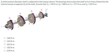 A solid constant-diameter shaft is subjected to the torques shown. The bearings shown allow the shaft to turn freely. Determine the
internal torque in segment (2) of the shaft. Assume that TA = 140 N-m, TB = 308 N-m, Tc= 377 N-m, and Tp = 209 N-m.
Tp
-168 N-m
-125 N-m
-201 N-m
-182 N-m
-234 N-m
Te
TB
TA