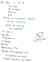 (A)
Foom
A
to B
VA =O m/Sec
VB= 0.5m/sec
SA-B= am
0= 20
Velocity and accelesation
eqLation
2
0.5) co)² &xaix2
a1=0.0625 0/5?
AT Block
W mg
\20
a
Fs =lkN
J20
NEmg Cosao
Efx= man
maSingi- MKN =mai
my Sinai -uk mg Cos2o) =m ai
.: 9,=g (Sindo- Uk Co saó
O'0625= 9.81( Sin2o -Uk Cos)

