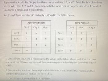 Suppose that April's Pet Supply has three stores in cities 1, 2, and 3. Ben's Pet Mart has three
stores in in cities 1, 2, and 3. Each shop sells the same type of dog crates in sizes 1 (small), 2
(medium), 3 (large), and 4 (extra large).
April's and Ben's inventory in each city is stored in the tables below.
Size 1
Size 2
Size 3
Size 4
City 1
3
April's Pet Supply
City 2
4
1
0
5
2
4
0
City 3
1
9
2
1
Size 1
Size 2
Size 3
Size 4
City 1
2
0
4
0
Ben's Pet Mart
City 2
3
2
1
0
City 3
4
4
3
2
1. Create matrices A and B representing the values in the tables above such that the rows
represent the different options and the columns represent the different outcomes of each
option.
2. Suppose that April and Ben merge their inventories. Find a matrix that represents their
combined inventory in each of the three cities.
3. Calculate B-A. What does B - A represent?