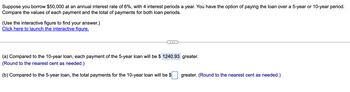 Suppose you borrow $50,000 at an annual interest rate of 6%, with 4 interest periods a year. You have the option of paying the loan over a 5-year or 10-year period.
Compare the values of each payment and the total of payments for both loan periods.
(Use the interactive figure to find your answer.)
Click here to launch the interactive figure.
(a) Compared to the 10-year loan, each payment of the 5-year loan will be $ 1240.93 greater.
(Round to the nearest cent as needed.)
(b) Compared to the 5-year loan, the total payments for the 10-year loan will be $
greater. (Round to the nearest cent as needed.)