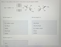 Devise a 5-step synthesis of the racemic mixture shown using the reagents available.
1. reagent 1
2. reagent 2
3. reagent 3
OH
H3C
Но
CH3
H3C-CEC-H
4. reagent 4
5. reagent 5
Но
H3C
OH
CH3
The best reagent 1 is:
The best reagent 2 is:
H,, Lindlar's catalyst
CH, CH, Br
Na, NH3 (1)
CH; CH, CH, Br
NaNH,
H,, Lindlar's catalyst
CH, CH, Br
CH, Br
NaOH
MCPBA
The best reagent 5 is:
OsO4
NaBH4
