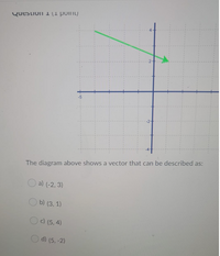 Question (1 polnt)
The diagram above shows a vector that can be described as:
a) (-2, 3)
O b) (3, 1)
c) (5, 4)
O d) (5, -2)
