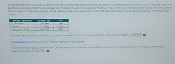 An employee asks her boss whether she can transfer offices so that she can work in a different part of the country. The boss responds
positively and says that the employee can choose to work in Cleveland, Miami, or New York City. The boss then hands the employee a
list, as shown in the table below, of the salaries that she would earn in the different cities and the average price levels in those same
cities.
Office location
Cleveland
Miami
New York City
Salary ($)
85,000
125,000
165,000
CPI
100
160
205
a. From the standpoint of maximizing the employee's consumption possibilities, she should choose Cleveland
Instructions: Round your answer to the nearest whole number.
b. The minimum salary in New York City the boss could offer the employee to make her indifferent between moving to Cleveland or
New York City is $ 182,750