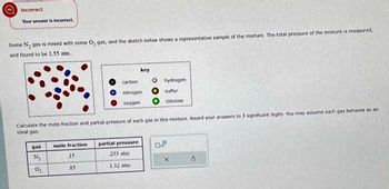 Incorrect
Your answer is incorrect
Some N₂ gas is mixed with some O, gas, and the sketch below shows a representative sample of the mixture. The total pressure of the mixture is measured.
and found to be 1.55 atm.
gas
N₂
0₂
mole fraction
15
carbon
85
Calculate the mole fraction and partial pressure of each gas in this mixture. Round your answers to 3 significant digits. You may assume each gas behaves as an
ideal gas
nitrogen
oxygen
key
partial pressure
233 atmi
1.32 stm
O
O
hydrogen)
Sulfur
chlorine
S