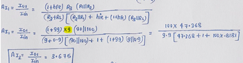 AI₁ = 101
Iin
AI₁ = ID
Iin
=
=
A1² IOL
Iin
(1+hfe) R3 (RillR₂)
(R₂+RL) [(₂R₁) + hie+ (1+hR) (R₂R₁)
(+99) x9 (90/1100)
(9+0.9) [90/100)+ 1+ (1+99) 910-9]
= 3.675
100X 47.368
9.9 [47-368 +1+ 100X-8181]