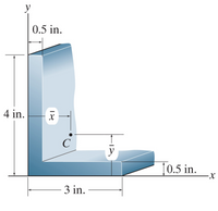 ### Diagram of a Structural L-Shaped Bracket

This image illustrates an L-Shaped structural bracket with precise dimensional annotations. The main dimensions of the bracket are as follows:

1. The total height of the vertical section of the bracket is 4 inches.
2. The horizontal base extends 3 inches.
3. The thickness of both the vertical and horizontal sections is uniformly measured at 0.5 inches.

Additionally:

- The position of the centroid \( C \) of the bracket is marked, indicating the center of mass for the two-dimensional structure.
- The horizontal distance from the left edge to the centroid is represented by \( \bar{x} \).
- The vertical distance from the bottom edge to the centroid is denoted as \( \bar{y} \).

This diagram is particularly useful in fields such as mechanical engineering and structural analysis, where an understanding of the positioning of the centroid \( C \) is essential for determining the static equilibrium and distribution of stress in the bracket.