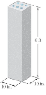 The image shows a rectangular prism with the following dimensions: the base measures 10 inches by 10 inches, and the height of the prism is 6 feet. 

The top face of the prism is annotated with several small circles, which could represent openings or features, but their specific details are not indicated. The base's measurements are labeled as "10 in." on each side, and the height is labeled as "6 ft."

This diagram can be used in mathematics or engineering contexts to demonstrate volume and surface area calculations, or in physics to model a solid structure.