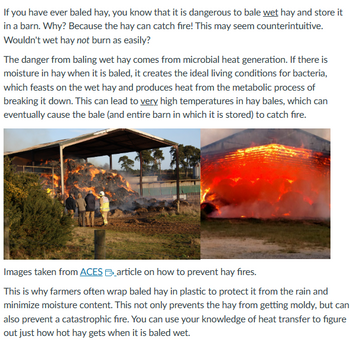 If you have ever baled hay, you know that it is dangerous to bale wet hay and store it
in a barn. Why? Because the hay can catch fire! This may seem counterintuitive.
Wouldn't wet hay not burn as easily?
The danger from baling wet hay comes from microbial heat generation. If there is
moisture in hay when it is baled, it creates the ideal living conditions for bacteria,
which feasts on the wet hay and produces heat from the metabolic process of
breaking it down. This can lead to very high temperatures in hay bales, which can
eventually cause the bale (and entire barn in which it is stored) to catch fire.
Images taken from ACES_article on how to prevent hay fires.
This is why farmers often wrap baled hay in plastic to protect it from the rain and
minimize moisture content. This not only prevents the hay from getting moldy, but can
also prevent a catastrophic fire. You can use your knowledge of heat transfer to figure
out just how hot hay gets when it is baled wet.