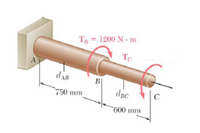 ### Torsion in a Shaft

The image illustrates a shaft subjected to torsional forces. Key elements include:

- **Points**: 
  - **A**: The starting point of the shaft, where it is fixed.
  - **B**: The point at which a torque \( T_B = 1200 \, \text{N} \cdot \text{m} \) is applied.
  - **C**: The end of the shaft where torque \( T_C \) is applied.

- **Distances**:
  - \( d_{AB} = 750 \, \text{mm} \): The distance from point A to point B.
  - \( d_{BC} = 600 \, \text{mm} \): The distance from point B to point C.

- **Torques**:
  - \( T_B = 1200 \, \text{N} \cdot \text{m} \) is acting in a clockwise direction at point B.
  - \( T_C \) is shown in a counterclockwise direction at point C.

This diagram represents how torques are applied along the length of a cylindrical shaft. Understanding the distribution and direction of these forces is essential in mechanical and structural engineering to prevent mechanical failures.