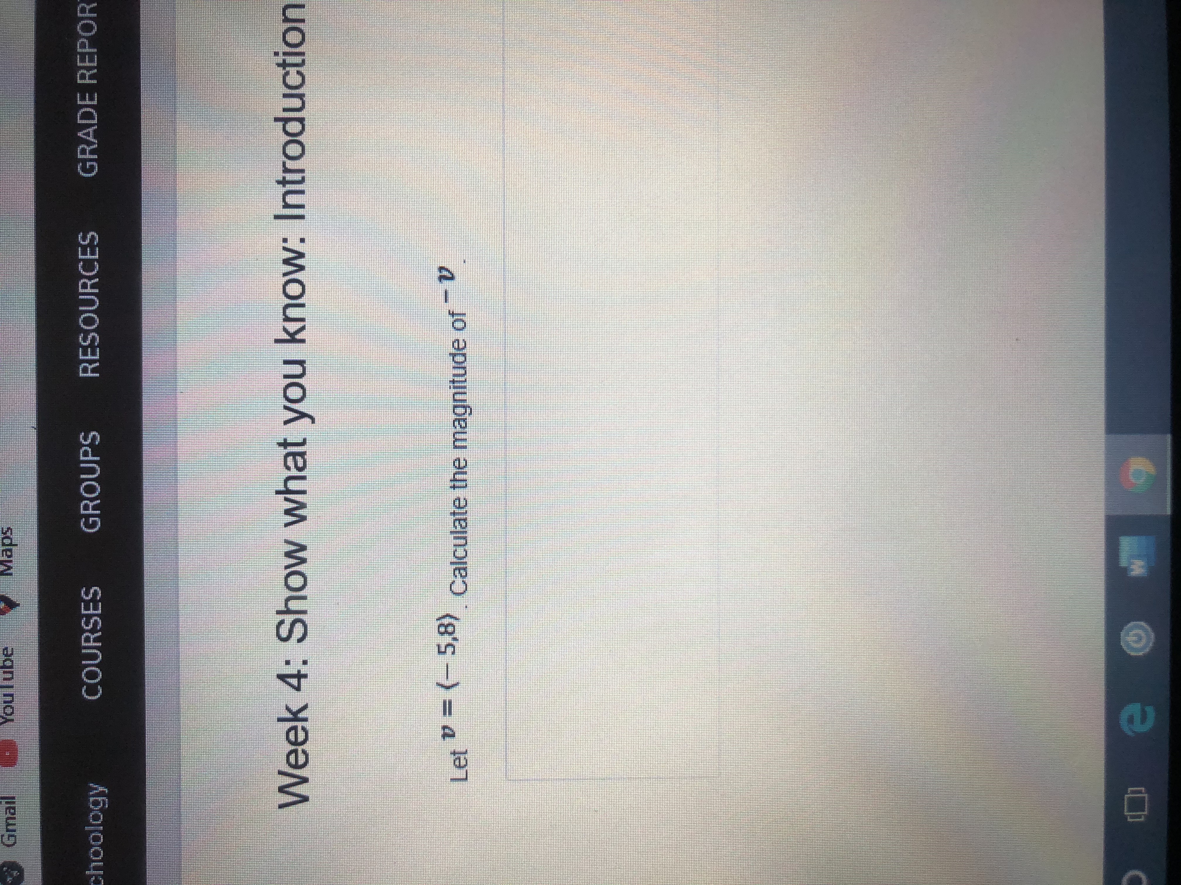 Gmail
You lube
sdeps
choology
COURSES GROUPS
RESOURCES
GRADE REPOR
Week 4: Show what you know: Introduction
Let =-5,8) Calculate the magnitude of
v=D(-5,8)
