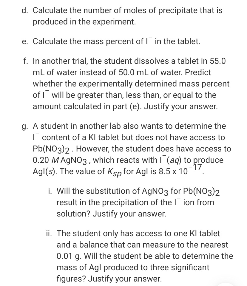 Answered Mass of KI tablet 0.425 g Mass of bartleby