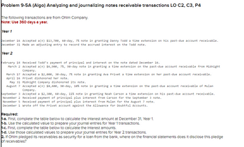 Problem 9-5A (Algo) Analyzing and journalizing notes receivable transactions LO C2, C3, P4
The following transactions are from Ohlm Company.
Note: Use 360 days a year.
Year 1
December 16 Accepted a(n) $13,700, 60-day, 7% note in granting Danny Todd a time extension on his past-due account receivable.
December 31 Made an adjusting entry to record the accrued interest on the Todd note.
Year 2
February 14 Received Todd's payment of principal and interest on the note dated December 16.
March 2 Accepted a(n) $6,900, 7%, 90-day note in granting a time extension on the past-due account receivable from Midnight
Company.
March 17 Accepted a $2,000, 30-day, 7 % note in granting Ava Privet a time extension on her past-due account receivable.
April 16 Privet dishonored her note.
May 31 Midnight Company dishonored its note.
August 7 Accepted a(n) $8,400, 90-day, 10 % note in granting a time extension on the past-due account receivable of Mulan
Company.
September 3 Accepted a $2,300, 60-day, 11% note in granting Noah Carson a time extension on his past-due account receivable.
November 2 Received payment of principal plus interest from Carson for the September 3 note.
November 5 Received payment of principal plus interest from Mulan for the August 7 note.
December 1 Wrote off the Privet account against the Allowance for Doubtful Accounts.
Required:
1-a. First, complete the table below to calculate the Interest amount at December 31, Year 1.
1-b. Use the calculated value to prepare your journal entries for Year 1 transactions.
1-c. First, complete the table below to calculate the interest amounts.
1-d. Use those calculated values to prepare your journal entries for Year 2 transactions.
2. If Ohlm pledged Its receivables as security for a loan from the bank, where on the financial statements does it disclose this pledge
of receivables?