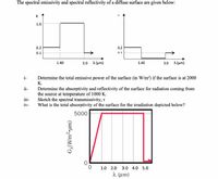 The spectral emissivity and spectral reflectivity of a diffuse surface are given below:
1.0
0.2
0.2
0.1
1.40
3.0 λ (μm)
1.40
3.0 λ (μm)
i-
Determine the total emissive power of the surface (in W/m?) if the surface is at 2000
K.
ii-
Determine the absorptivity and reflectivity of the surface for radiation coming from
the source at temperature of 1000 K.
Sketch the spectral transmissivity, t
What is the total absorptivity of the surface for the irradiation depicted below?
iii-
iv-
5000
1.0 2.0 3.0 4.0 5.0
1 (um)
