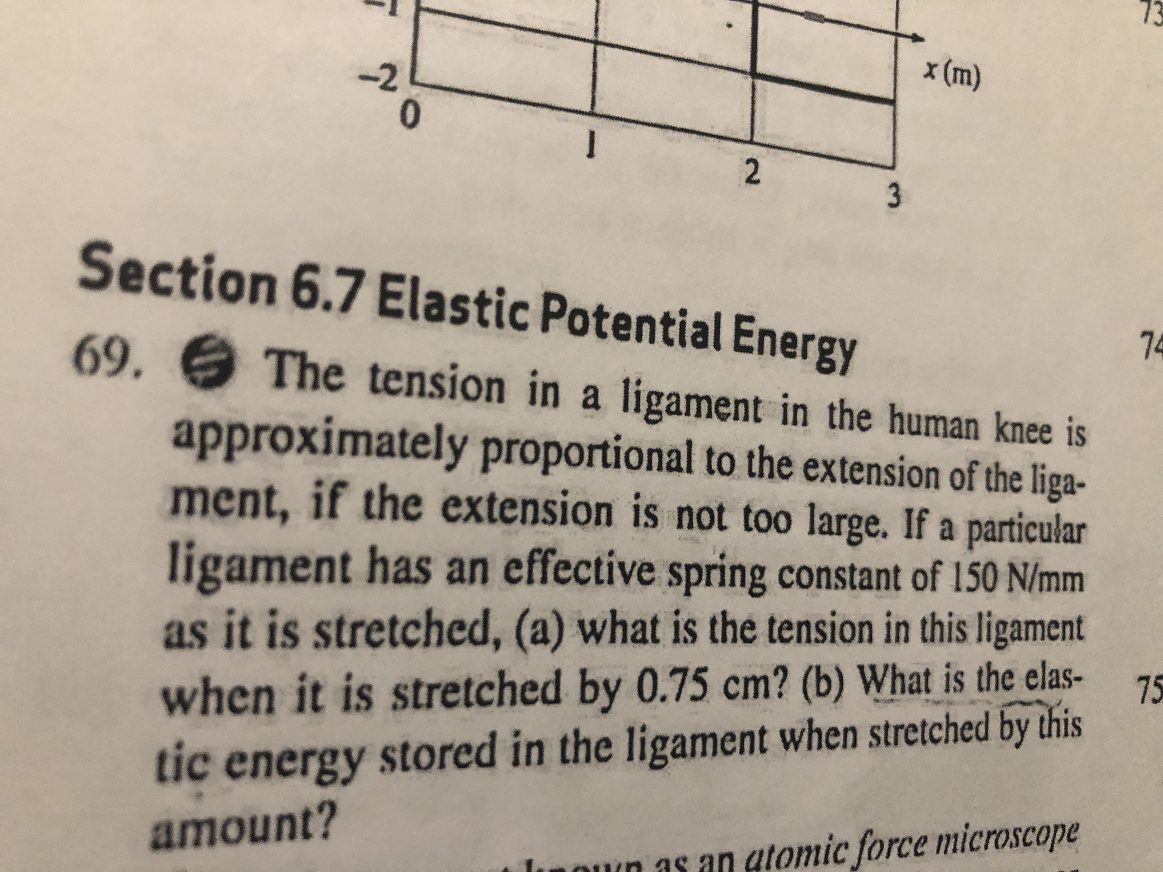 73
x (m)
-2
3
Section 6.7 Elastic Potential Energy
74
69. The tension in a ligament in the human knee is
approximately proportional to the extension of the liga-
ment, if the extension is not too large. If a particular
ligament has an effective spring constant of 150 N/mm
as it is stretched, (a) what is the tension in this ligament
75
when it is stretched by 0.75 cm? (b) What is the elas-
tic energy stored in the ligament when stretched by this
amount?
lnoun as an atomic force microscope
2.
