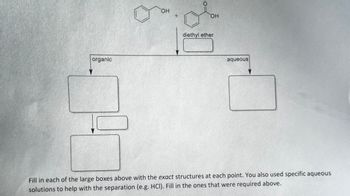 organic
OH
+
OH
diethyl ether
aqueous
Fill in each of the large boxes above with the exact structures at each point. You also used specific aqueous
solutions to help with the separation (e.g. HCI). Fill in the ones that were required above.