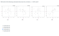 With which of the following scatterplots below does the correlation, r = 0.09, match?
Sater Pet
Scater Pot
Sorter Pet
Boster Pet
2
2
2
1
-1
-1
-2
-2
-2
-2
-2
-1
1
2
-2
-1
1
-2
-1
2
-2
-1
(b)
(c)
(d)
O Scatterplot (a)
O Scatterplot (b)
O Scatterplot (c)
O Scatterplot (d)
