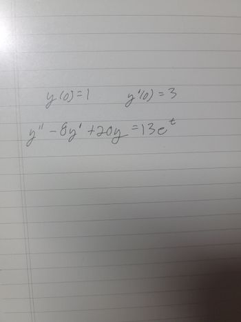 The image displays a set of differential equations with initial conditions. The equations are written on lined paper. Here is the transcription:

1. Initial Conditions:
   - \( y(0) = 1 \)
   - \( y'(0) = 3 \)

2. Differential Equation:
   - \( y'' - 8y' + 20y = 13e^t \)

This content typically represents a second-order linear differential equation with constant coefficients, along with specified initial conditions. Solving such equations involves finding a particular solution and a complementary function to satisfy the initial conditions.