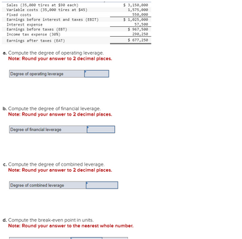 Sales (35,000 tires at $90 each)
Variable costs (35,000 tires at $45)
Fixed costs
Earnings before interest and taxes (EBIT)
Interest expense
Earnings before taxes (EBT)
Income tax expense (30%)
Earnings after taxes (EAT)
a. Compute the degree of operating leverage.
Note: Round your answer to 2 decimal places.
Degree of operating leverage
b. Compute the degree of financial leverage.
Note: Round your answer to 2 decimal places.
Degree of financial leverage
c. Compute the degree of combined leverage.
Note: Round your answer to 2 decimal places.
Degree of combined leverage
$ 3,150,000
1,575,000
550,000
$ 1,025,000
57,500
$ 967,500
290,250
$ 677,250
d. Compute the break-even point in units.
Note: Round your answer to the nearest whole number.
