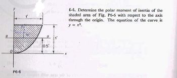 P6-6
а
0.5'
6-6. Determine the polar moment of inertia of the
shaded area of Fig. P6-6 with respect to the axis
through the origin. The equation of the curve is
y = x³.