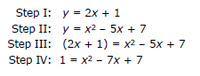 Step I: y = 2x + 1
Step II: y = x2 - 5x + 7
Step III: (2x + 1) = x2 - 5x + 7
Step IV: 1 = x2 - 7x + 7
