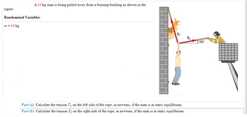 figure.
A 68 kg man is being pulled away from a burning building as shown in the
Randomized Variables
m = 68 kg
15
T₁
Part (a) Calculate the tension T₁ on the left side of the rope, in newtons, if the man is in static equilibrium.
Part (b) Calculate the tension 7₂ on the right side of the rope, in newtons, if the man is in static equilibrium.
T₂
...10⁰