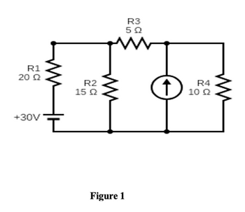 R1
20 Ω
R2
15 Ω
+30V
ли
Figure 1
R3
5 Ω
↑
R4
10 Ω