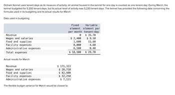 Dinham Kennel uses tenant-days as its measure of activity; an animal housed in the kennel for one day is counted as one tenant-day. During March, the
kennel budgeted for 5,200 tenant-days, but its actual level of activity was 5,230 tenant-days. The kennel has provided the following data concerning the
formulas used in its budgeting and its actual results for March:
Data used in budgeting:
Revenue
Wages and salaries.
Food and supplies
Facility expenses
Administrative expenses
Total expenses
Actual results for March:
Fixed Variable
element element per
per month tenant-day
$35.70
0
$9.10
$ 2,400
1,600
8,000
6,500
$ 18,500
Revenue
$ 171,323
Wages and salaries.
Food and supplies
$ 28,710
$ 82,980
$32,258
$ 7,111
Facility expenses
Administrative expenses
The flexible budget variance for March would be closest to:
15.60
4.60
0.40
$29.70